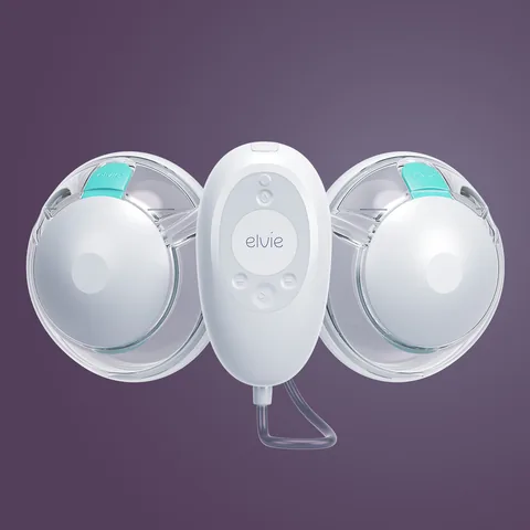 Elvie Stride 2 double collection cups connected by tubing to a separate control hub.