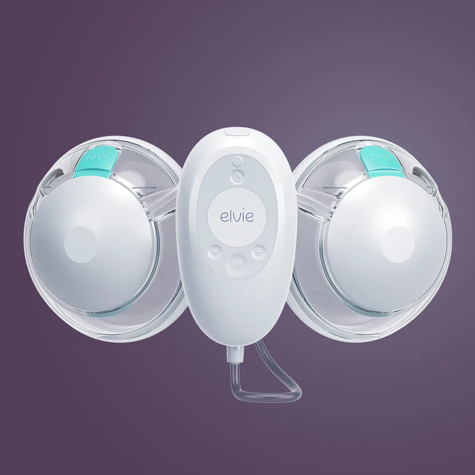 Elvie Stride 2 double collection cups connected by tubing to a separate control hub.