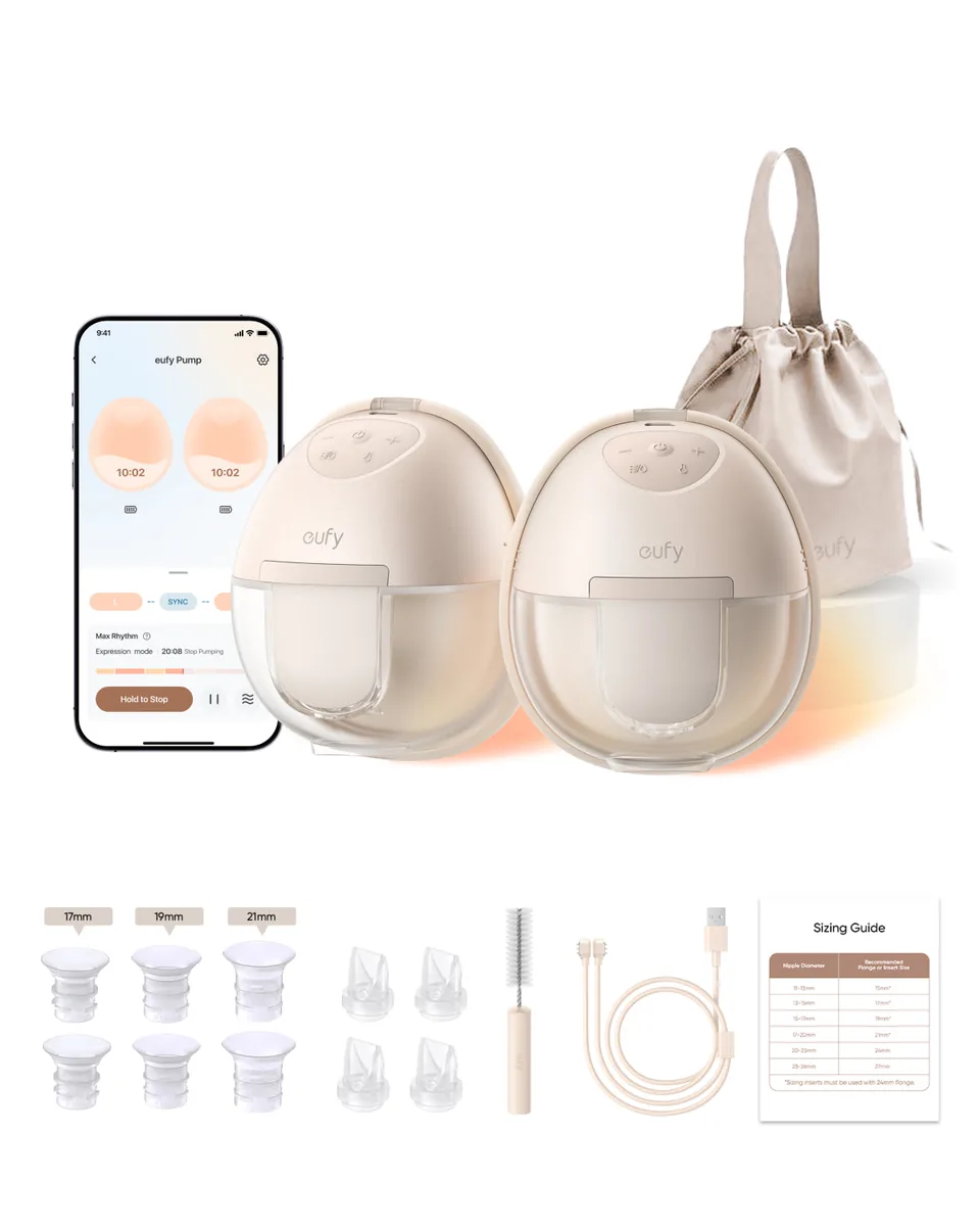 Plain eufy S1 pair with storage bag, charging accessories and sizing inserts arranged beneath.