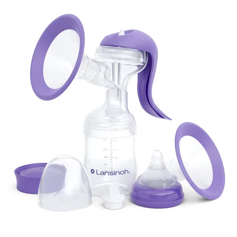 Lansinoh manual pump with its bottle, two flange sizes and feeding and storage accessories.