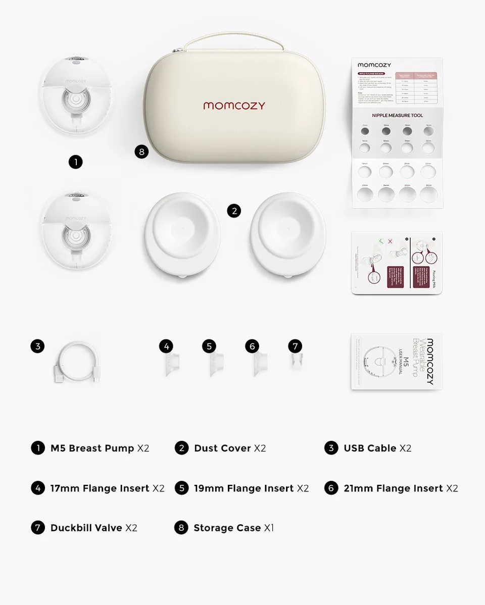 Original Momcozy M5 double kit with pumps, storage case, charging cables, covers and sizing inserts.