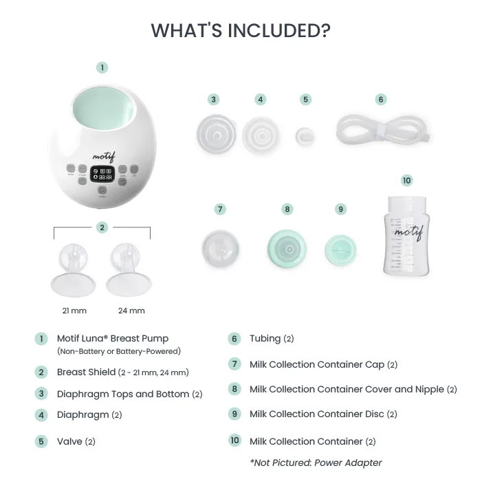 Motif Luna motor, breast shields, tubing and collection parts arranged separately