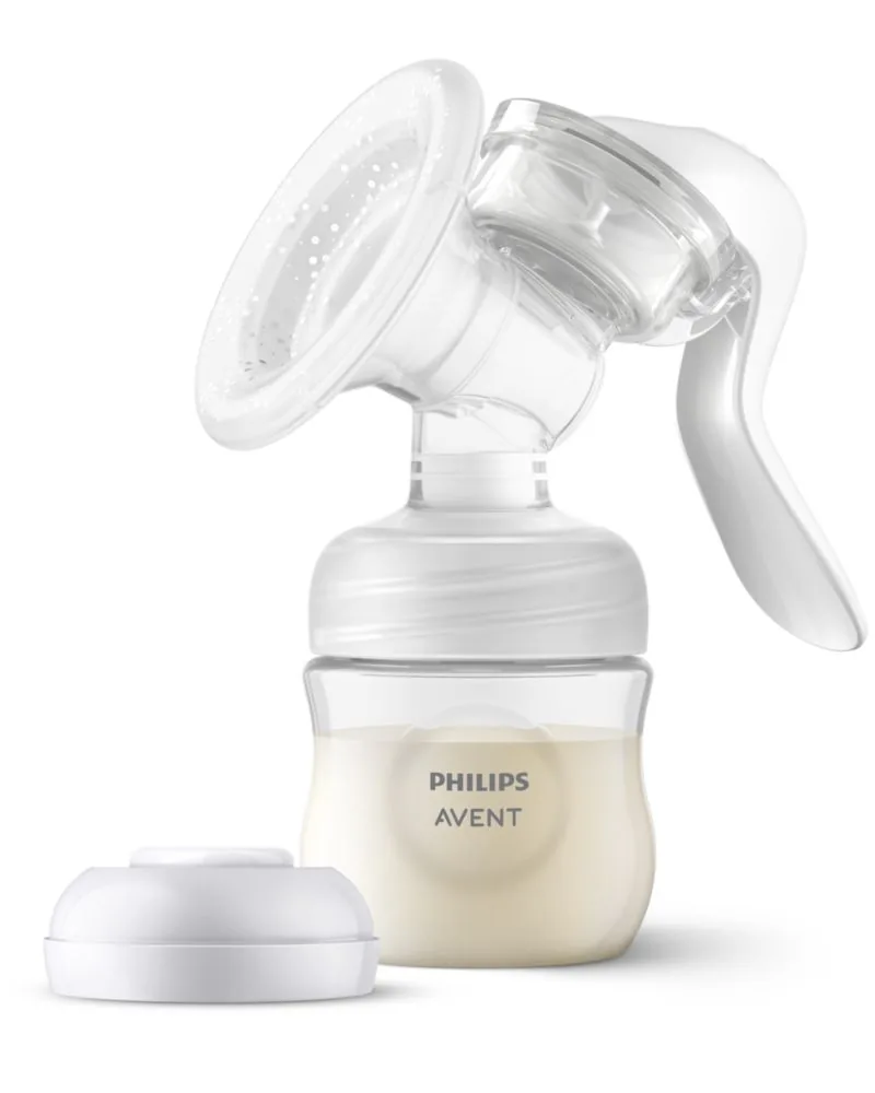 Philips Avent SCF430/03 manual pump with collection bottle and sealing accessory beside it.