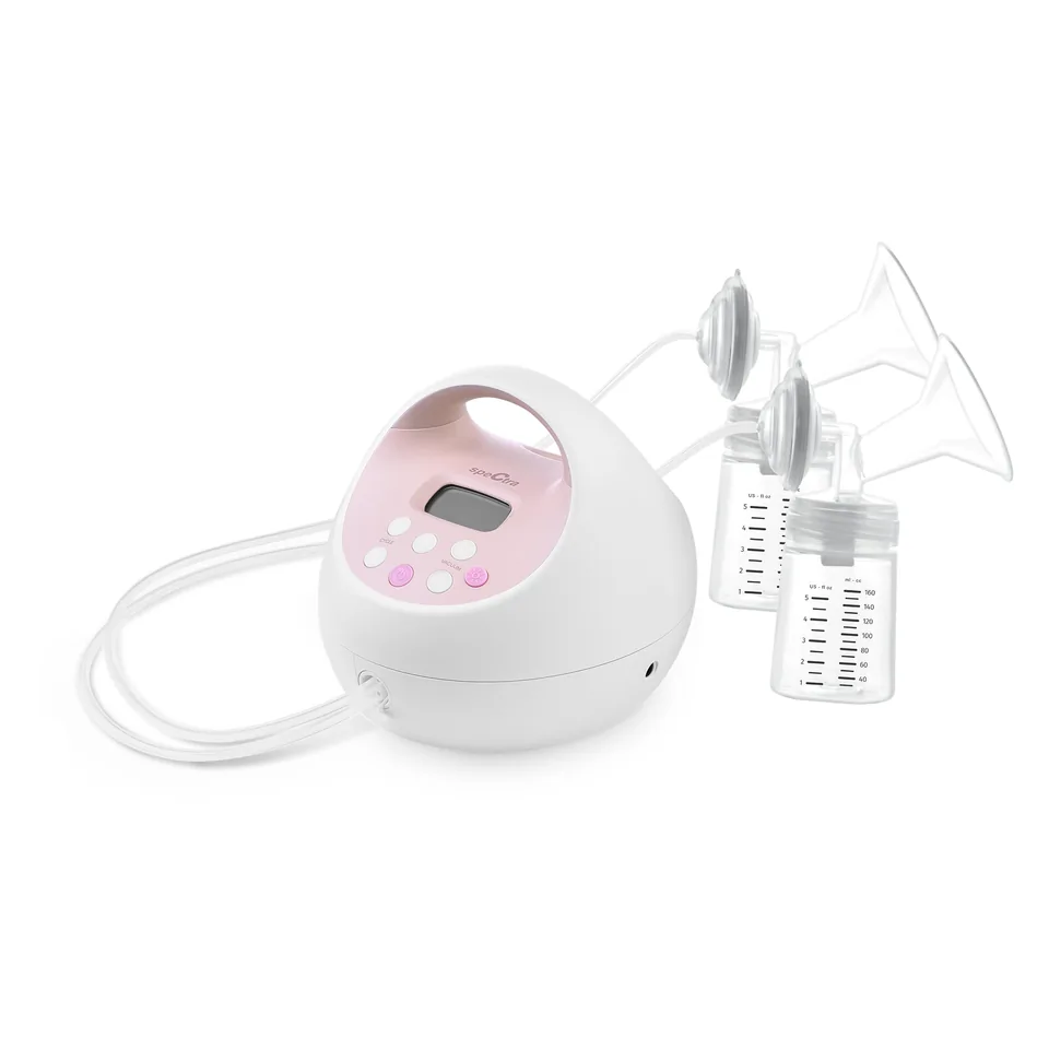 Spectra S2 Plus connected through tubing to two bottles and breast shields.